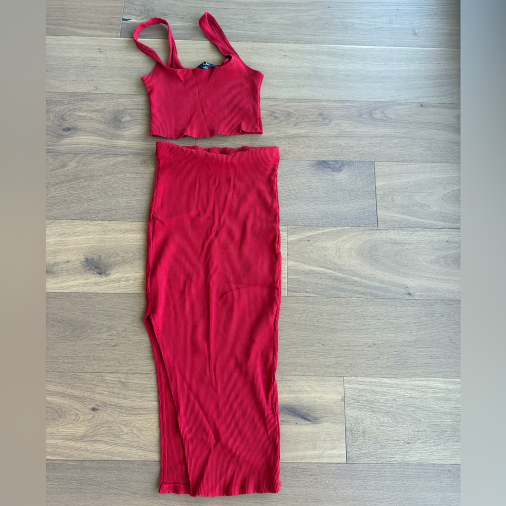 Lulus Red Ribbed Two-Piece Tank & Skirt Set